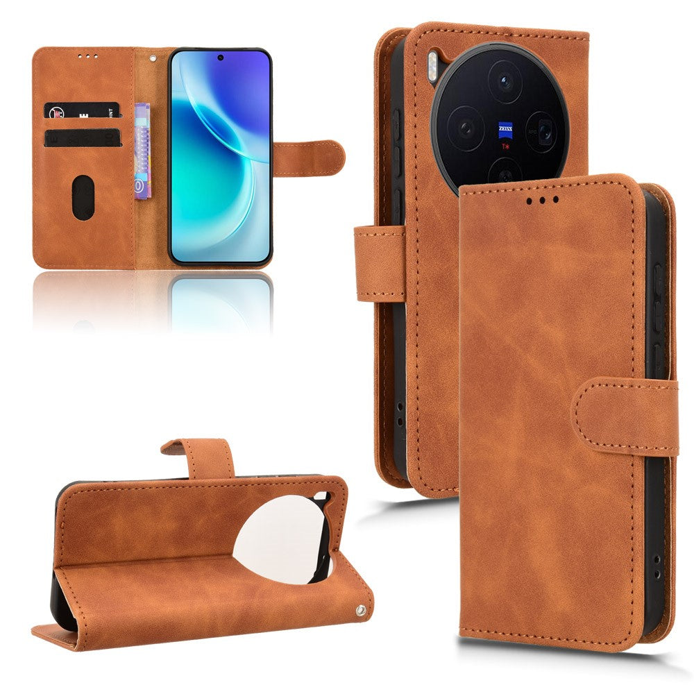 For vivo X300 5G Leather Case Skin Feel Anti Drop Wallet Flip Phone Cover - Brown