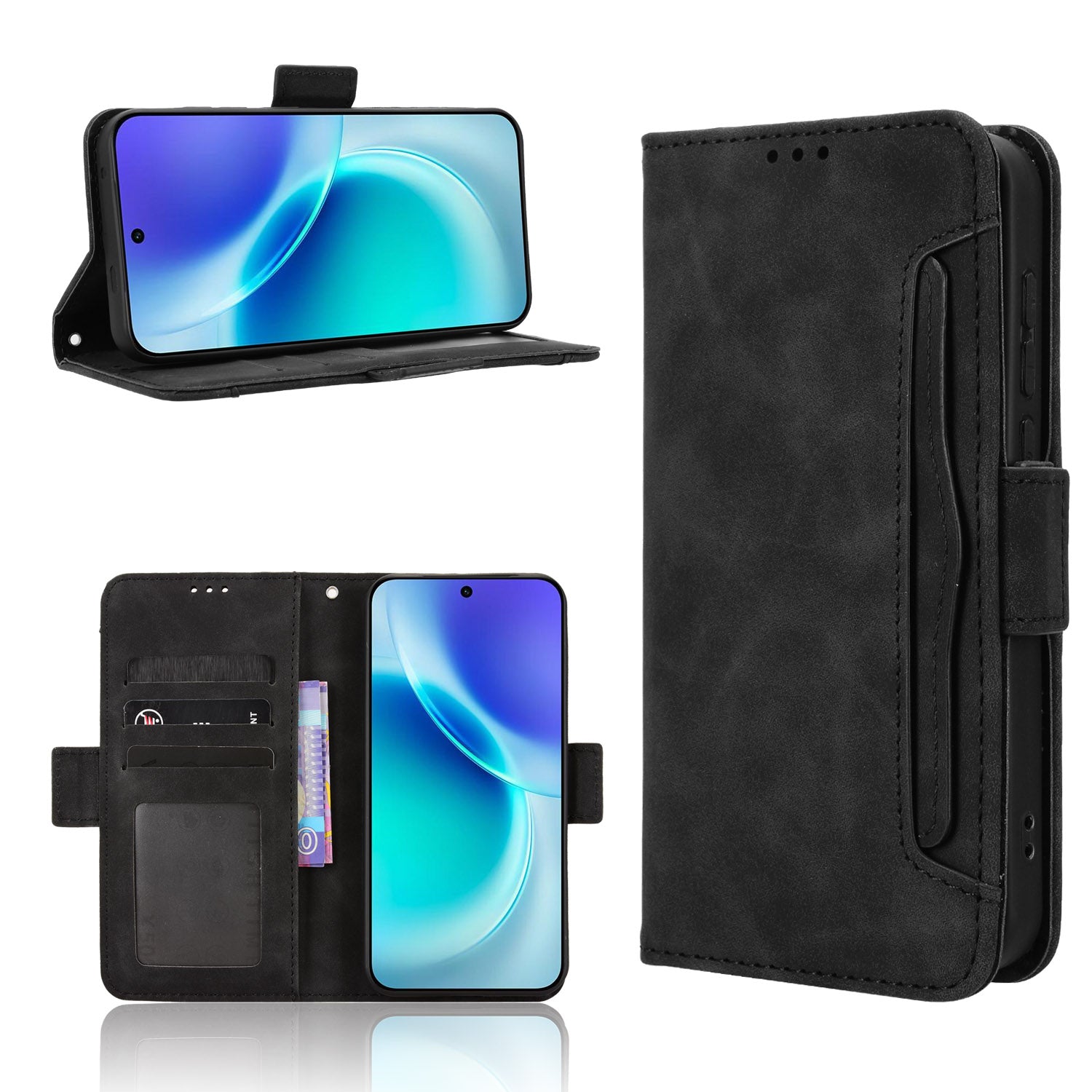 For vivo X300 5G Leather Case Phone Wallet Cover with Multiple Card Slots - Black