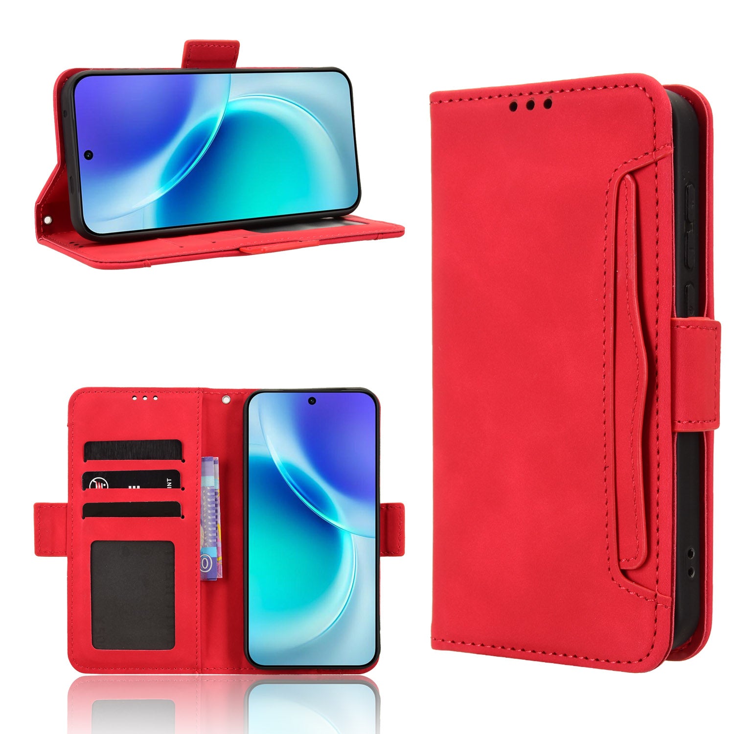 For vivo X300 5G Leather Case Phone Wallet Cover with Multiple Card Slots - Red
