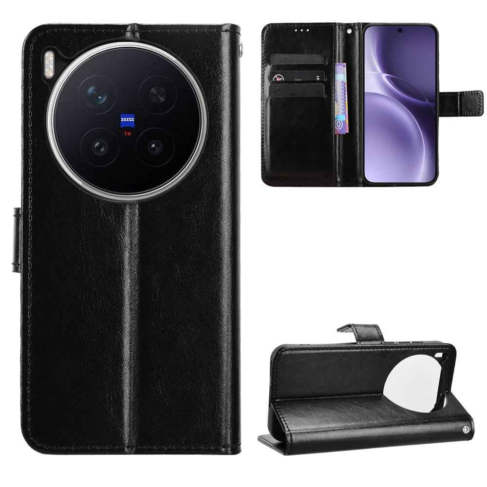 For vivo X300 Pro 5G PU Leather Case with Strap Crazy Horse Texture Phone Wallet Cover - Black