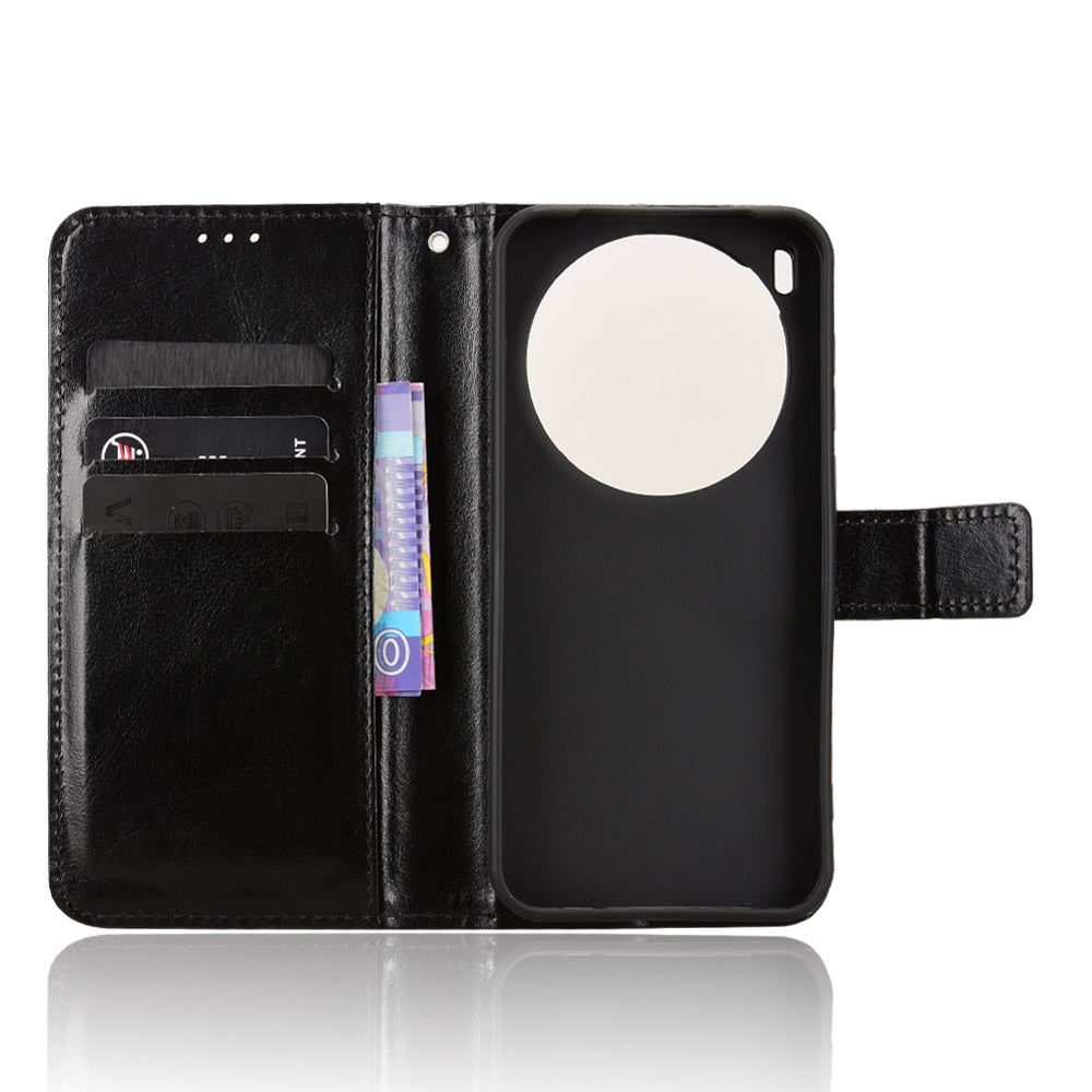 For vivo X300 Pro 5G PU Leather Case with Strap Crazy Horse Texture Phone Wallet Cover - Black
