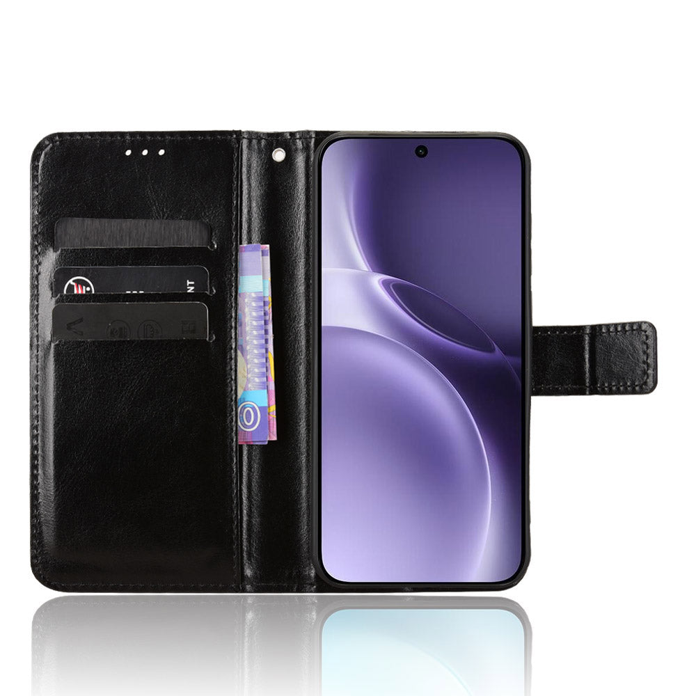 For vivo X300 Pro 5G PU Leather Case with Strap Crazy Horse Texture Phone Wallet Cover - Black
