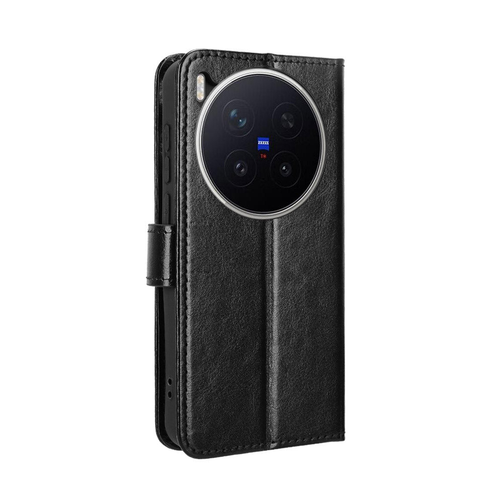 For vivo X300 Pro 5G PU Leather Case with Strap Crazy Horse Texture Phone Wallet Cover - Black