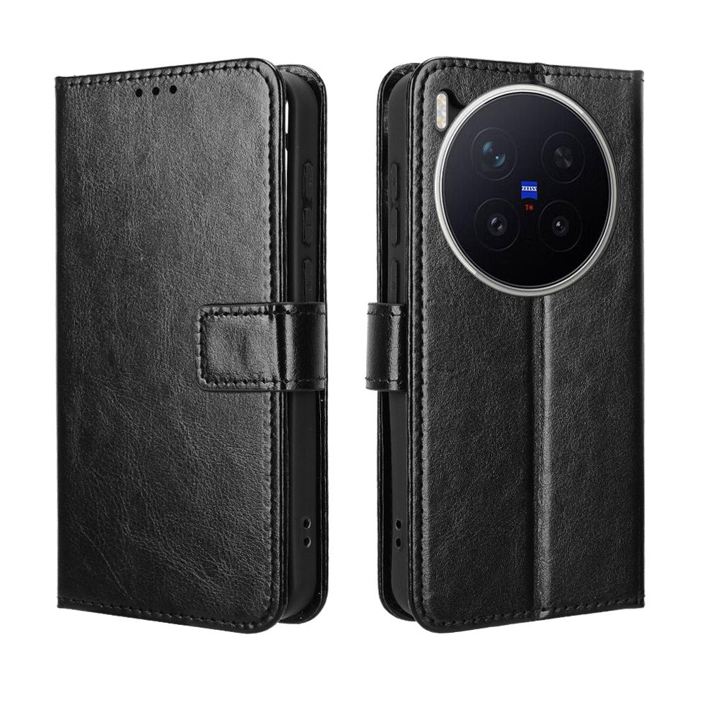 For vivo X300 Pro 5G PU Leather Case with Strap Crazy Horse Texture Phone Wallet Cover - Black