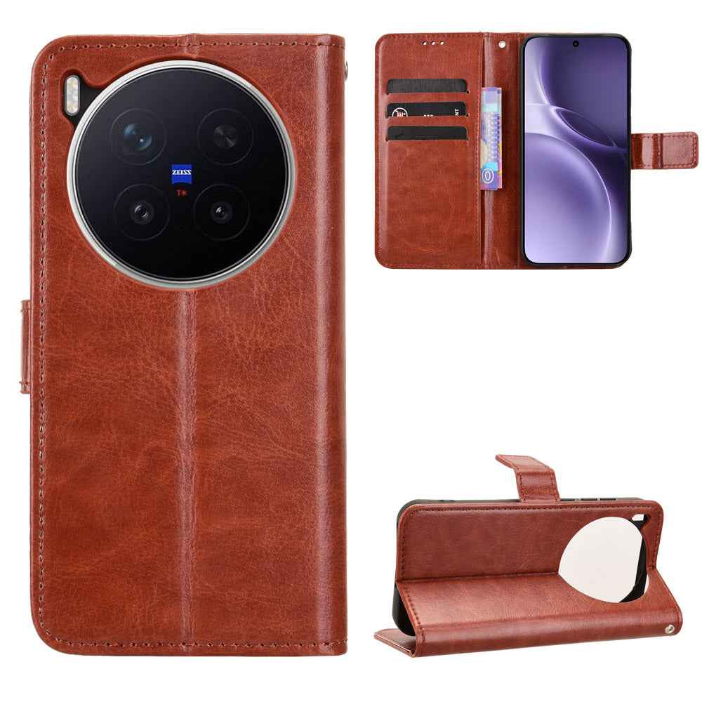 For vivo X300 Pro 5G PU Leather Case with Strap Crazy Horse Texture Phone Wallet Cover - Brown