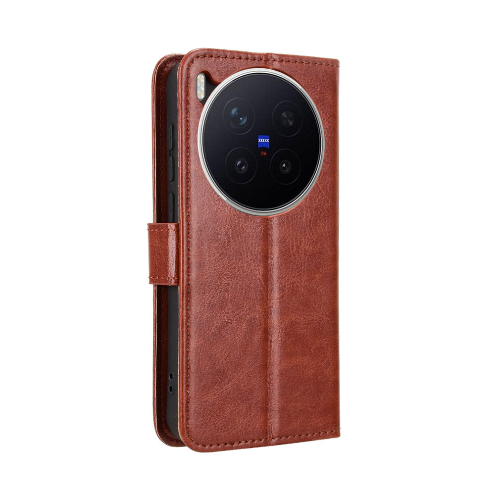 For vivo X300 Pro 5G PU Leather Case with Strap Crazy Horse Texture Phone Wallet Cover - Brown