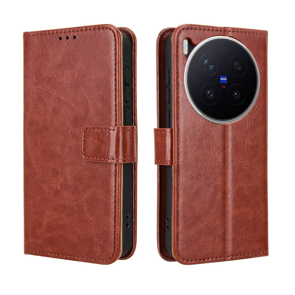For vivo X300 Pro 5G PU Leather Case with Strap Crazy Horse Texture Phone Wallet Cover - Brown