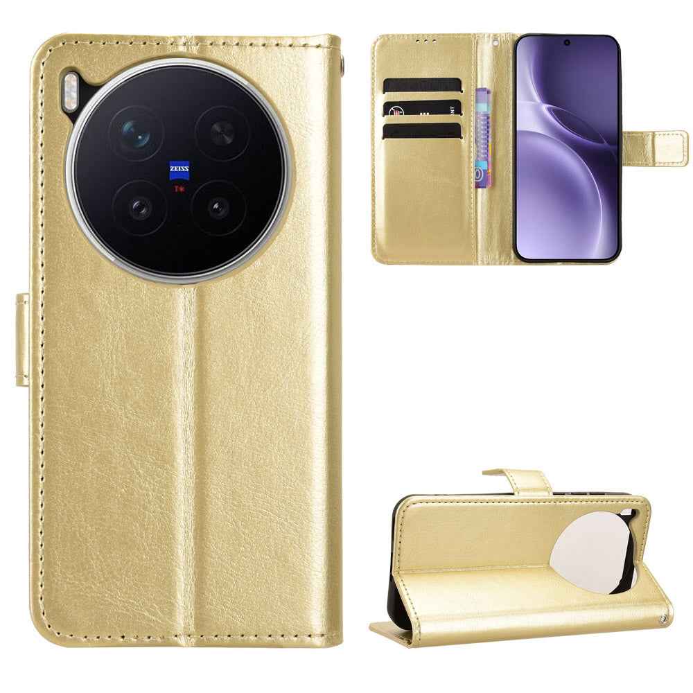 For vivo X300 Pro 5G PU Leather Case with Strap Crazy Horse Texture Phone Wallet Cover - Gold