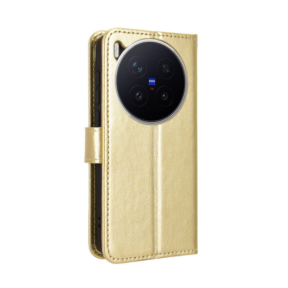 For vivo X300 Pro 5G PU Leather Case with Strap Crazy Horse Texture Phone Wallet Cover - Gold