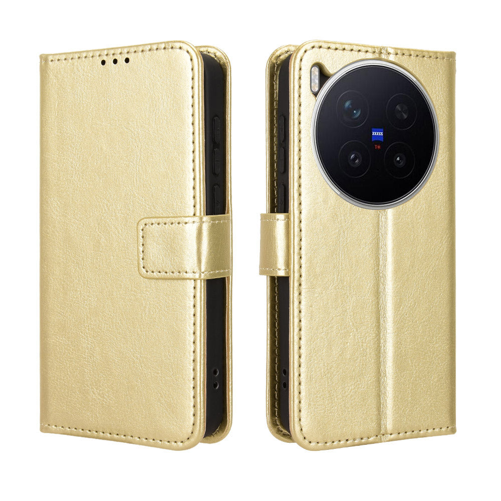 For vivo X300 Pro 5G PU Leather Case with Strap Crazy Horse Texture Phone Wallet Cover - Gold