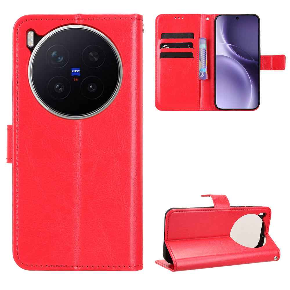 For vivo X300 Pro 5G PU Leather Case with Strap Crazy Horse Texture Phone Wallet Cover - Red