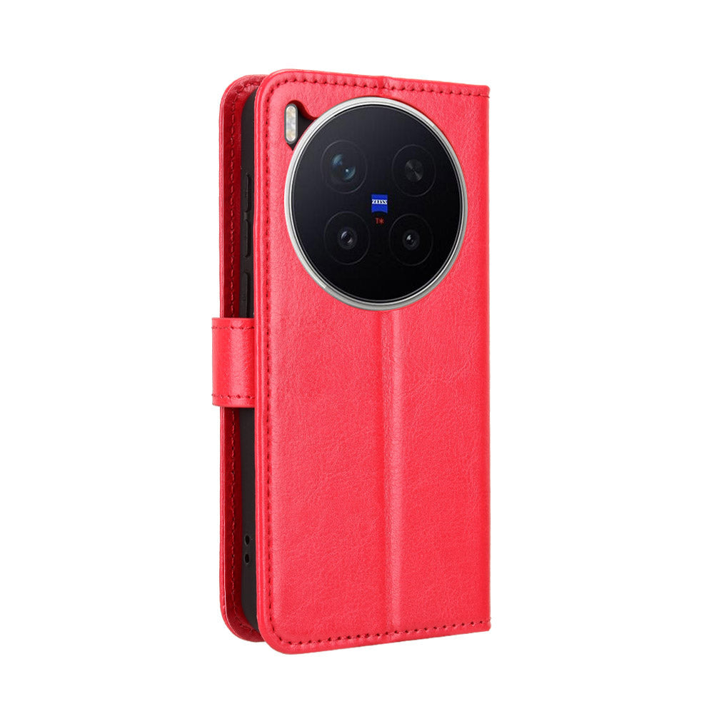 For vivo X300 Pro 5G PU Leather Case with Strap Crazy Horse Texture Phone Wallet Cover - Red