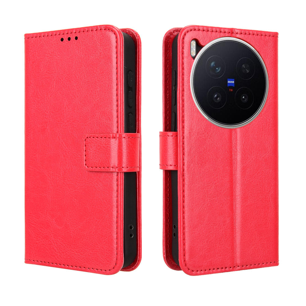 For vivo X300 Pro 5G PU Leather Case with Strap Crazy Horse Texture Phone Wallet Cover - Red