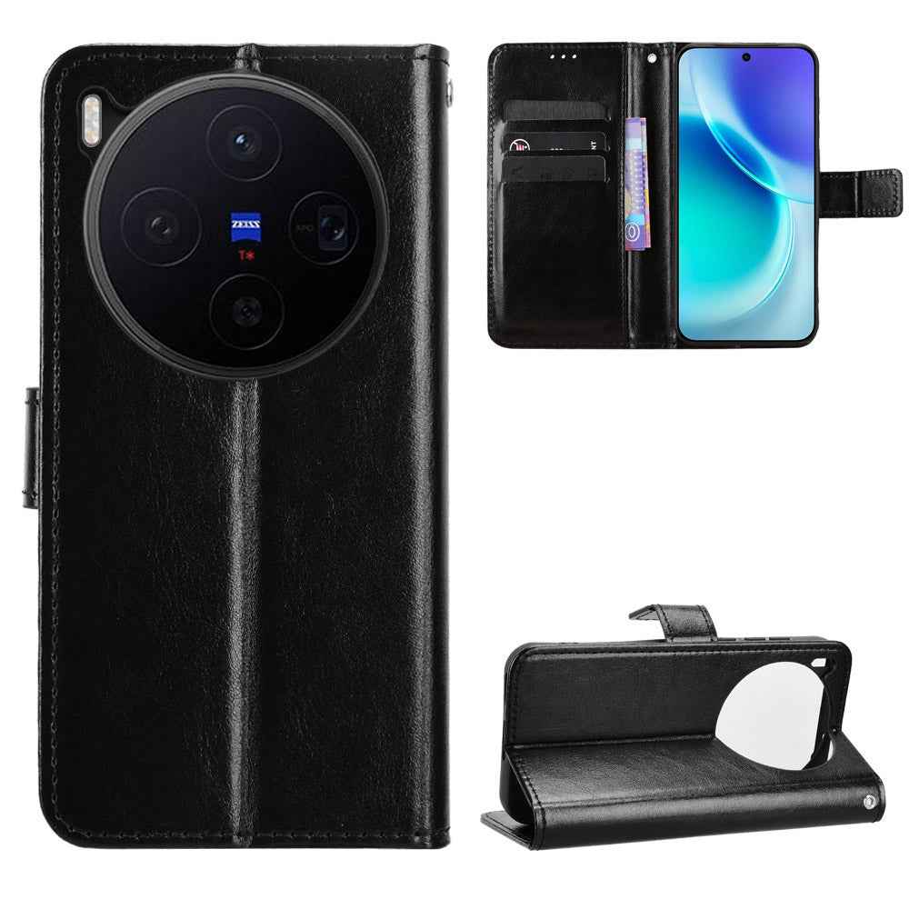 For vivo X300 5G PU Leather Case with Strap Crazy Horse Texture Phone Wallet Cover - Black