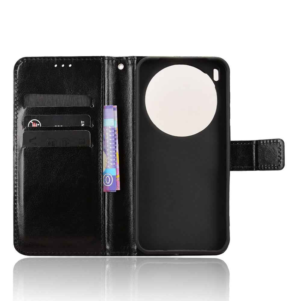 For vivo X300 5G PU Leather Case with Strap Crazy Horse Texture Phone Wallet Cover - Black