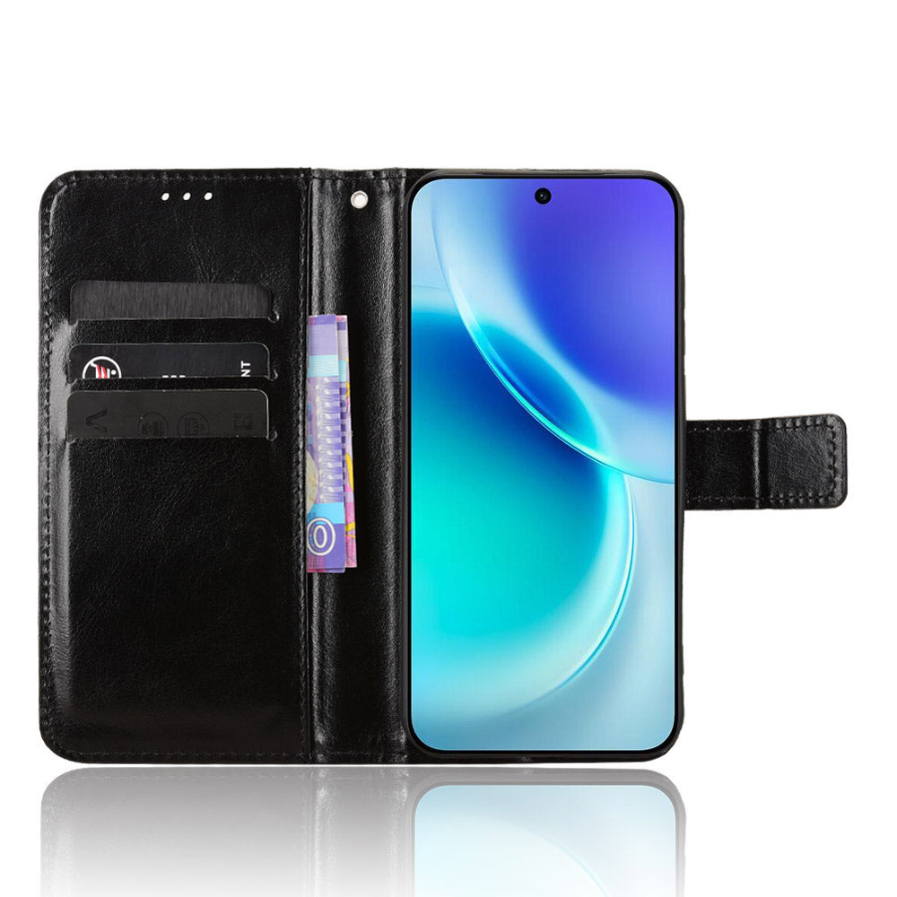 For vivo X300 5G PU Leather Case with Strap Crazy Horse Texture Phone Wallet Cover - Black