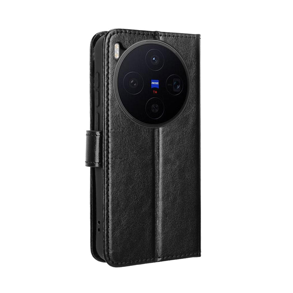 For vivo X300 5G PU Leather Case with Strap Crazy Horse Texture Phone Wallet Cover - Black
