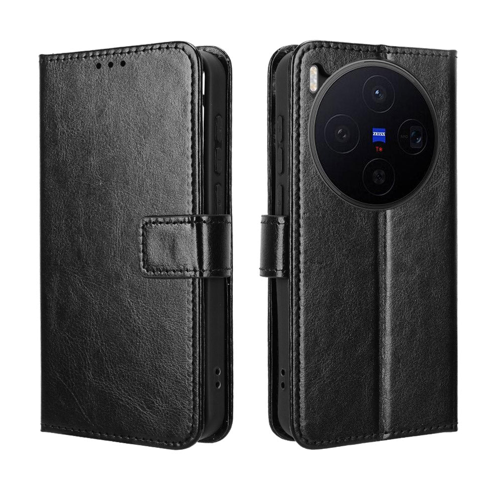 For vivo X300 5G PU Leather Case with Strap Crazy Horse Texture Phone Wallet Cover - Black