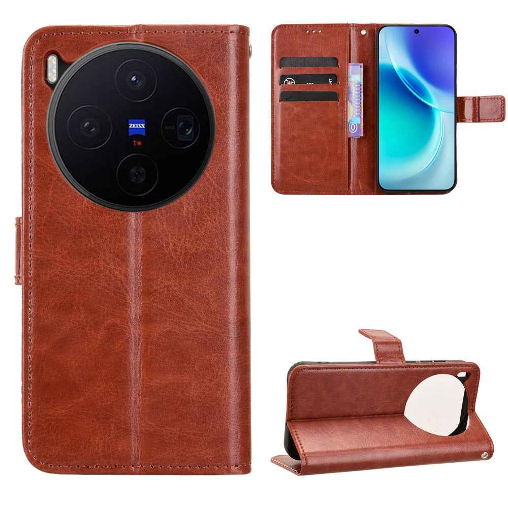 For vivo X300 5G PU Leather Case with Strap Crazy Horse Texture Phone Wallet Cover - Brown