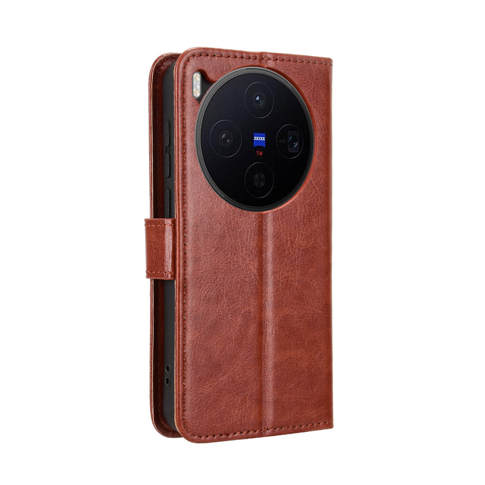 For vivo X300 5G PU Leather Case with Strap Crazy Horse Texture Phone Wallet Cover - Brown
