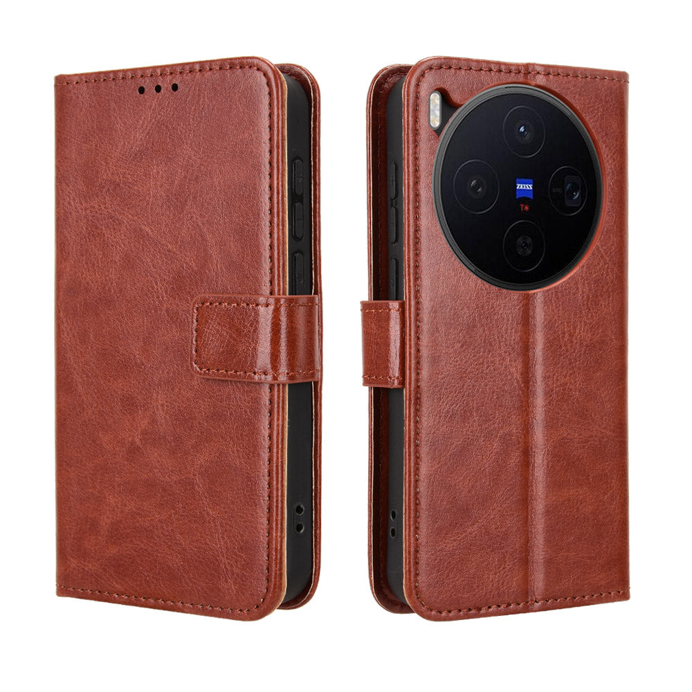 For vivo X300 5G PU Leather Case with Strap Crazy Horse Texture Phone Wallet Cover - Brown