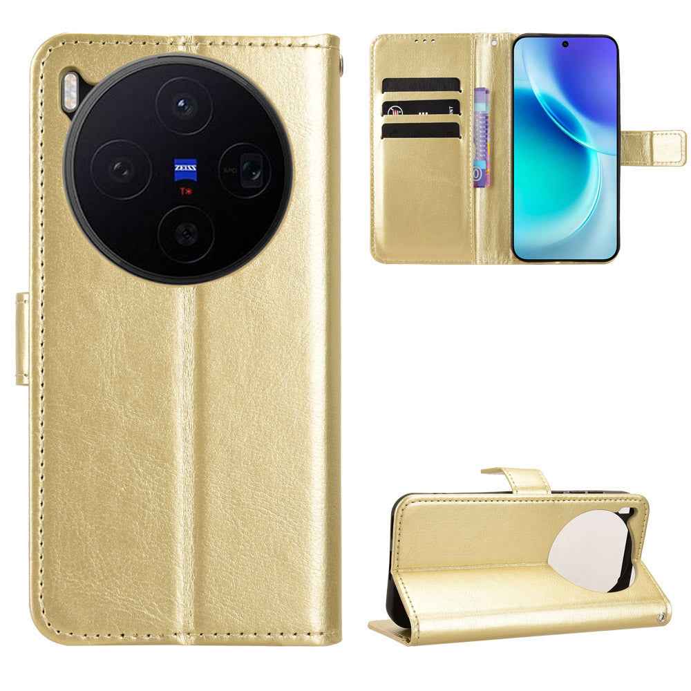 For vivo X300 5G PU Leather Case with Strap Crazy Horse Texture Phone Wallet Cover - Gold