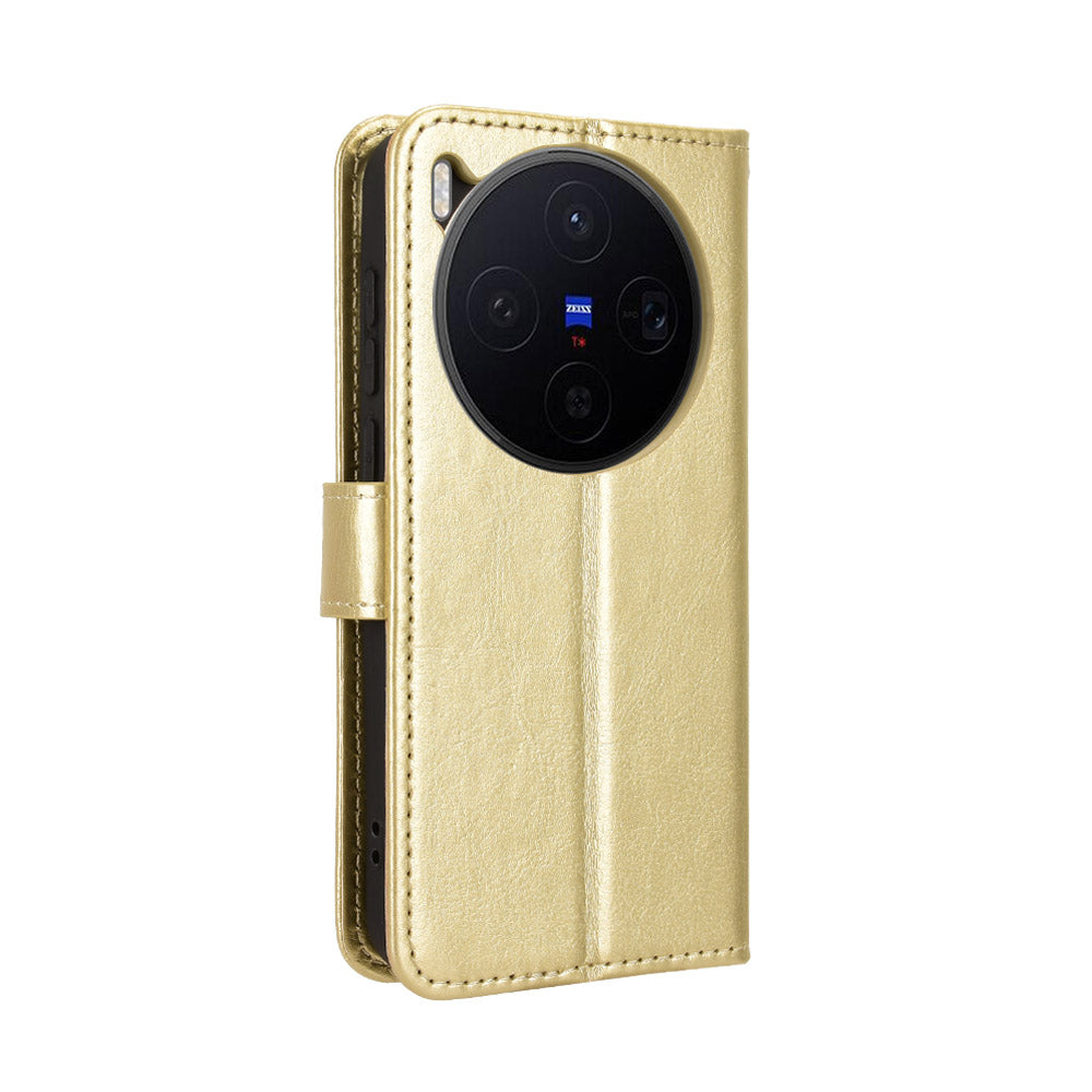 For vivo X300 5G PU Leather Case with Strap Crazy Horse Texture Phone Wallet Cover - Gold