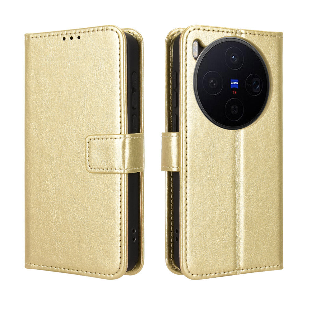 For vivo X300 5G PU Leather Case with Strap Crazy Horse Texture Phone Wallet Cover - Gold