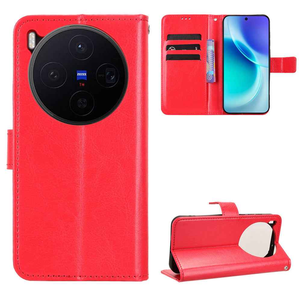 For vivo X300 5G PU Leather Case with Strap Crazy Horse Texture Phone Wallet Cover - Red