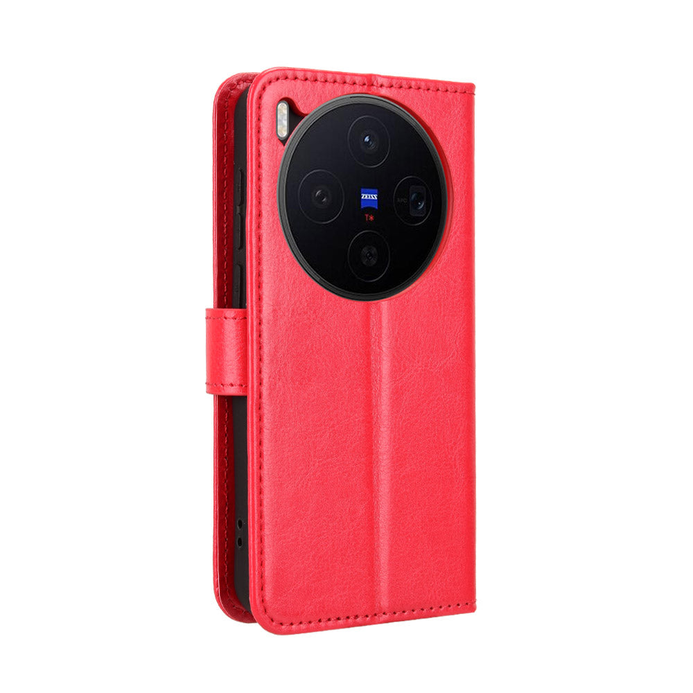 For vivo X300 5G PU Leather Case with Strap Crazy Horse Texture Phone Wallet Cover - Red
