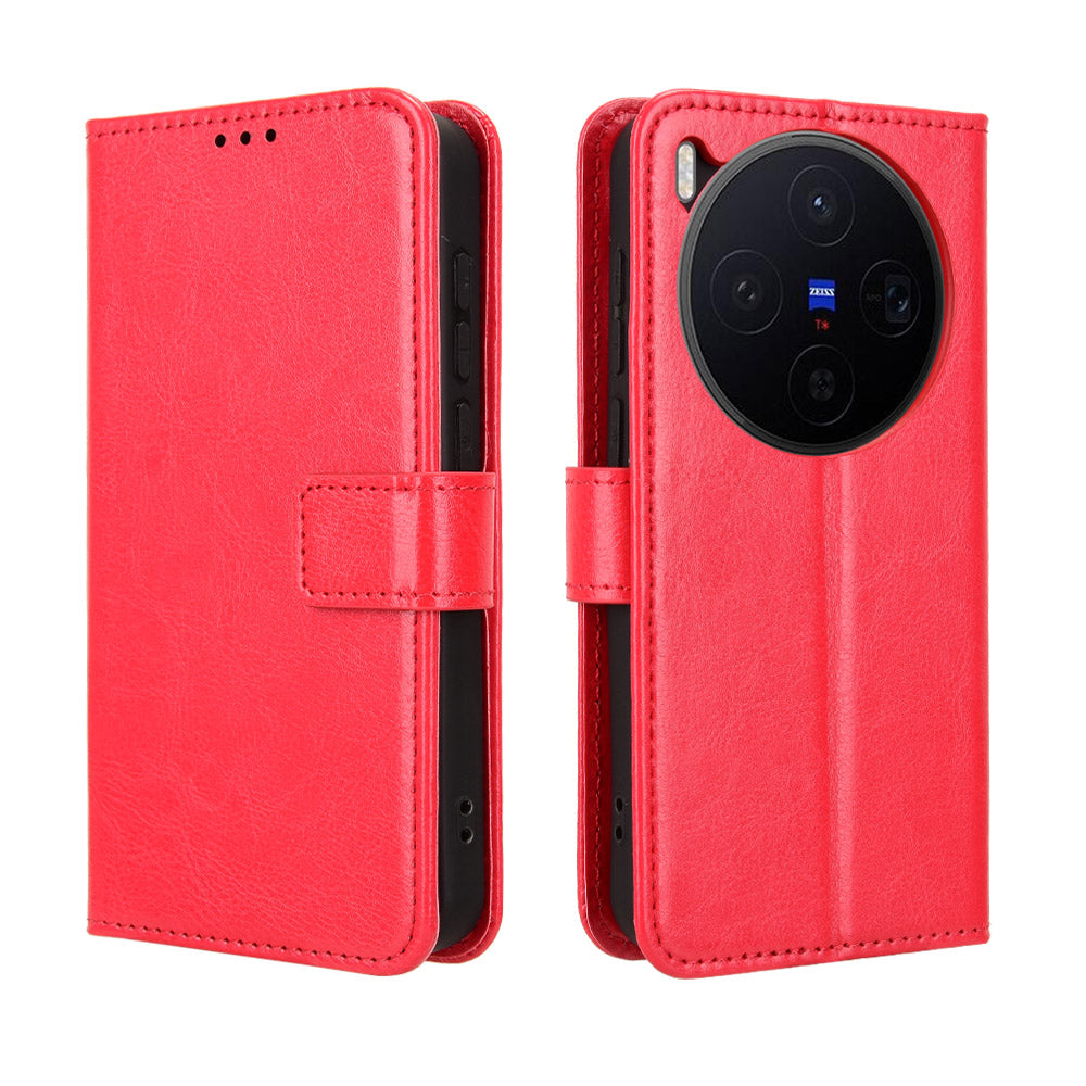 For vivo X300 5G PU Leather Case with Strap Crazy Horse Texture Phone Wallet Cover - Red
