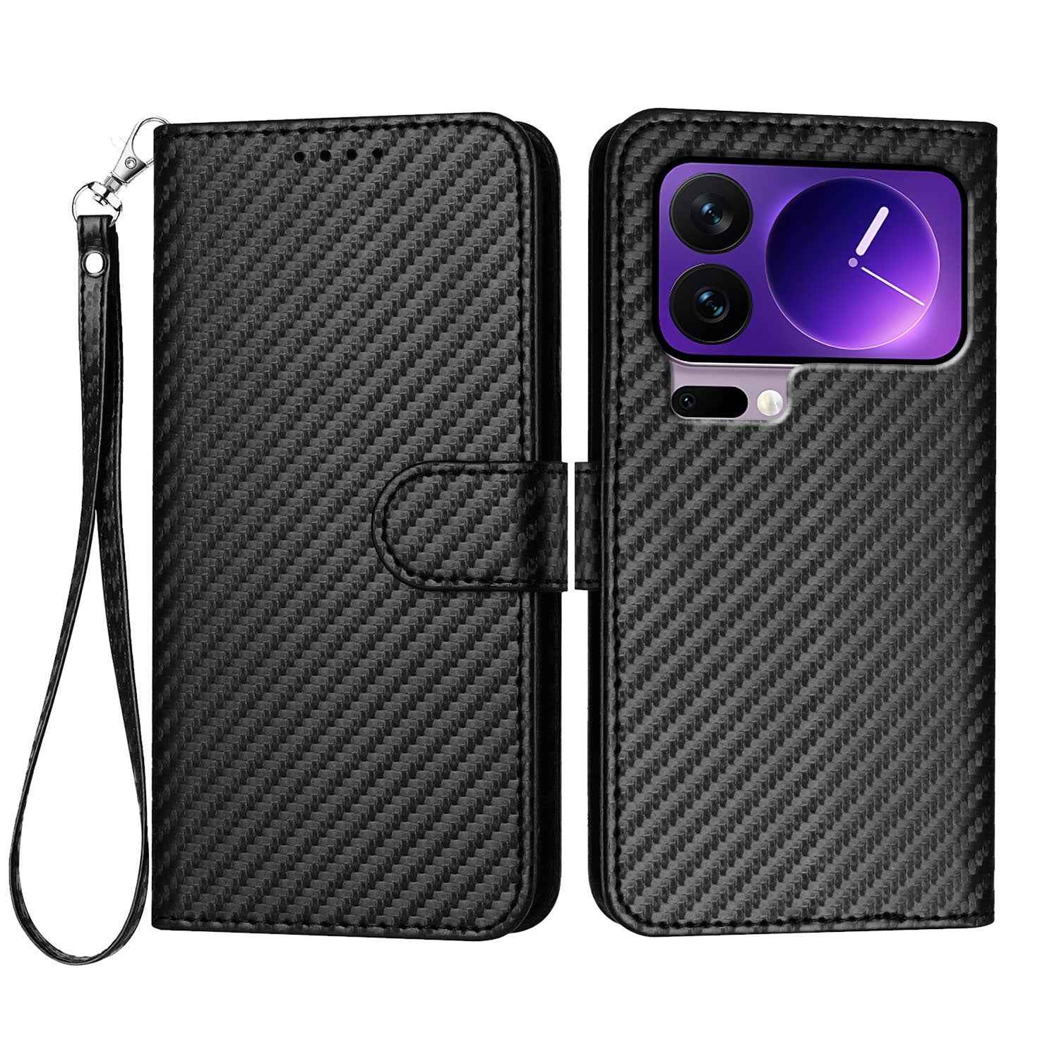 For Xiaomi 17 Pro Wallet Case with Strap Carbon Fiber Texture Leather Mobile Cover - Black