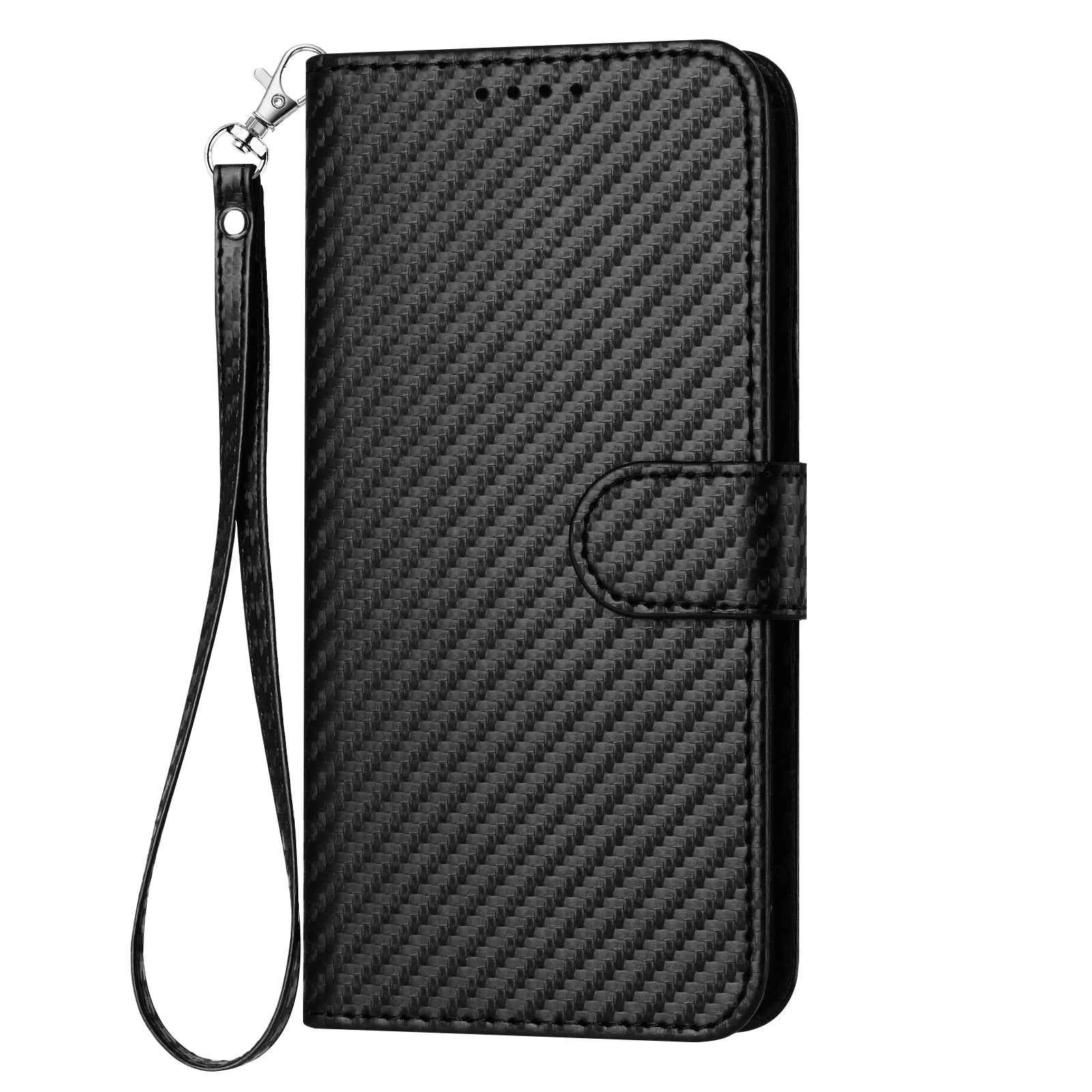 For Xiaomi 17 Pro Wallet Case with Strap Carbon Fiber Texture Leather Mobile Cover - Black