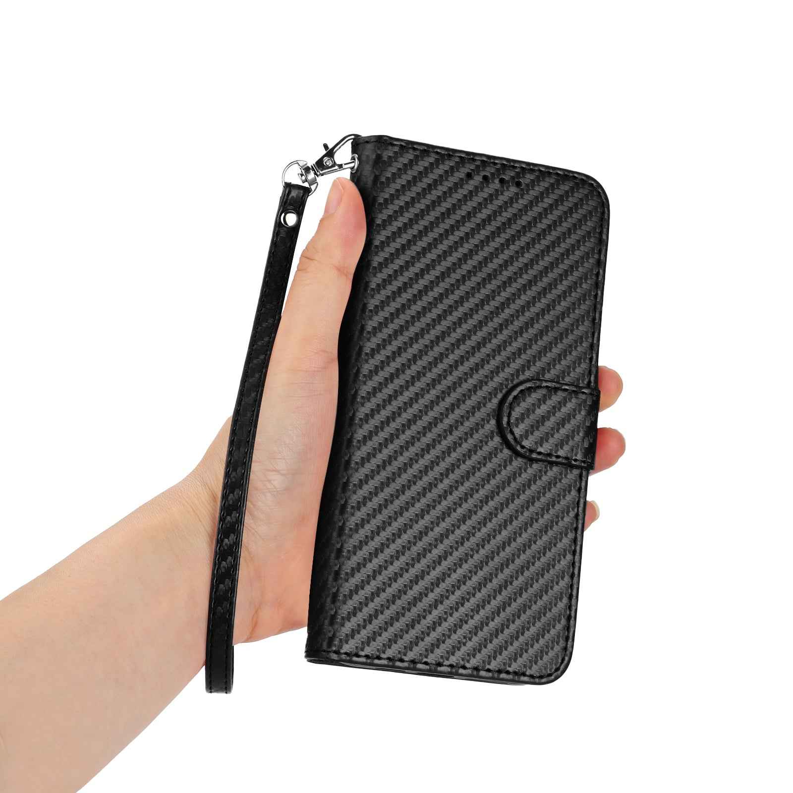 For Xiaomi 17 Pro Wallet Case with Strap Carbon Fiber Texture Leather Mobile Cover - Black