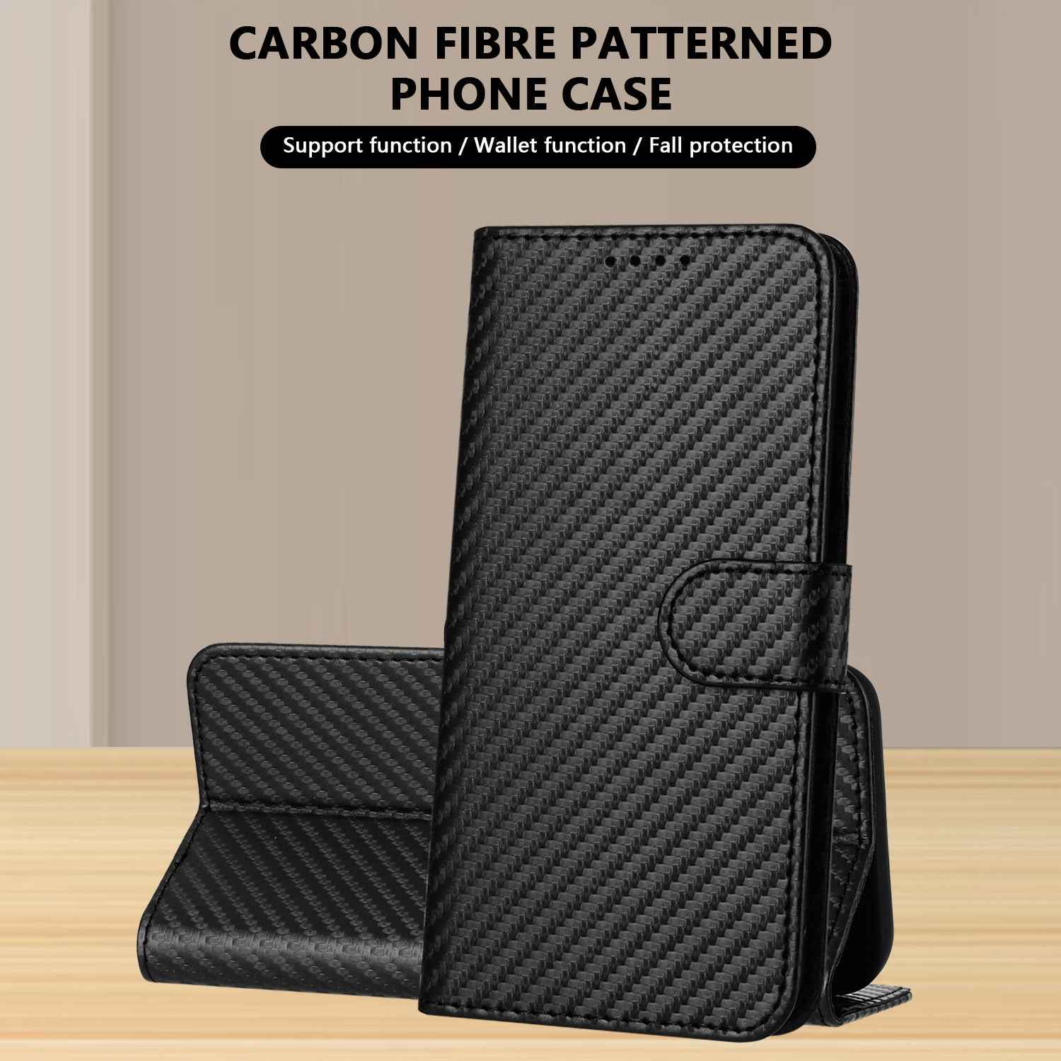 For Xiaomi 17 Pro Wallet Case with Strap Carbon Fiber Texture Leather Mobile Cover - Black