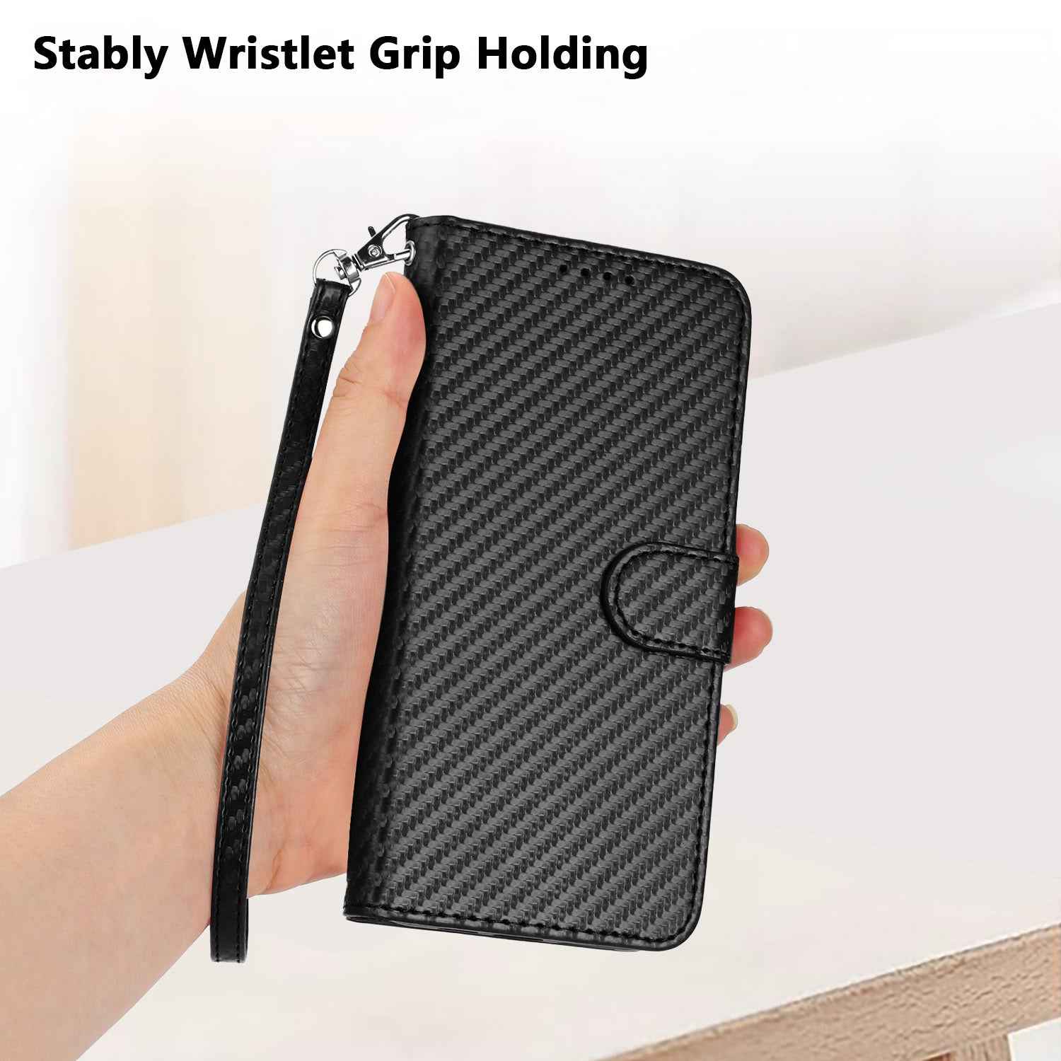 For Xiaomi 17 Pro Wallet Case with Strap Carbon Fiber Texture Leather Mobile Cover - Black