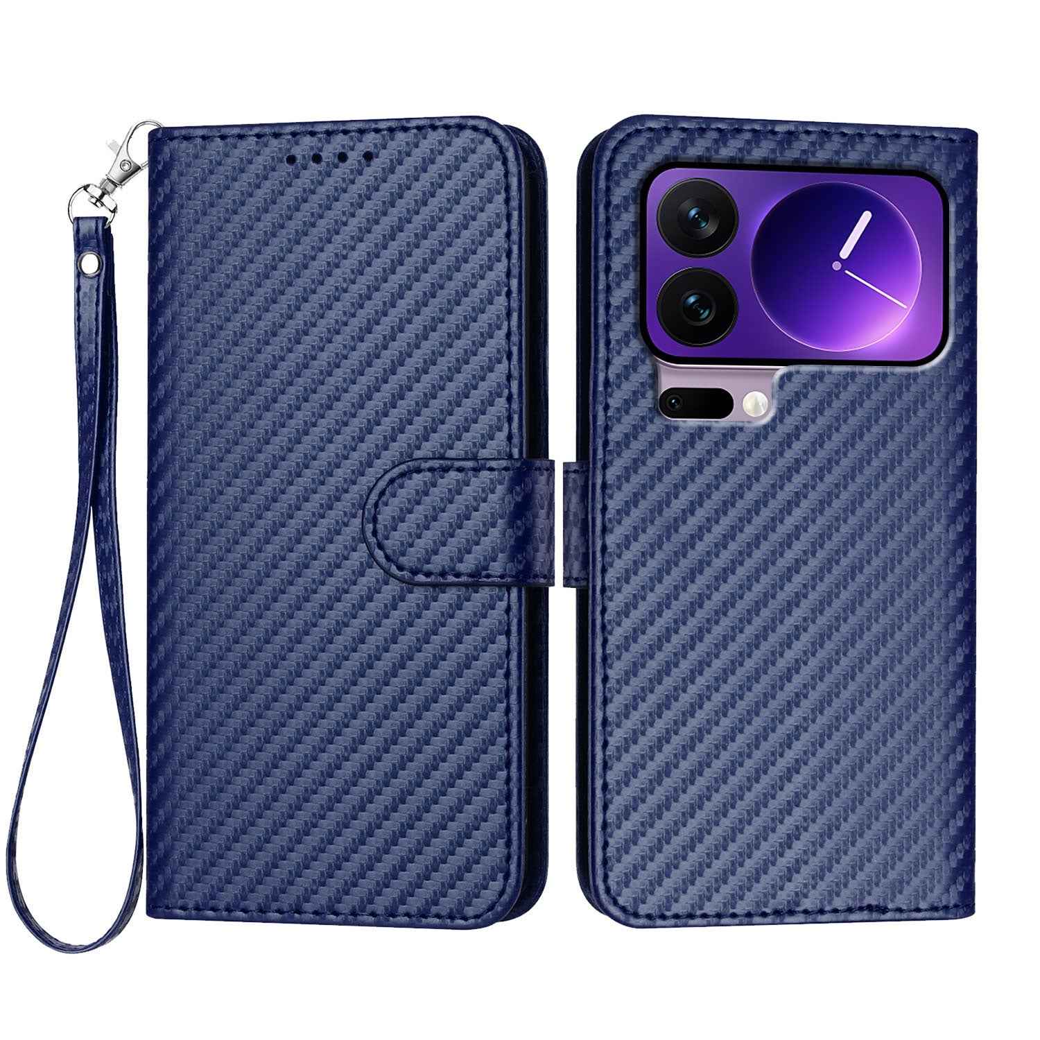 For Xiaomi 17 Pro Wallet Case with Strap Carbon Fiber Texture Leather Mobile Cover - Royal Blue