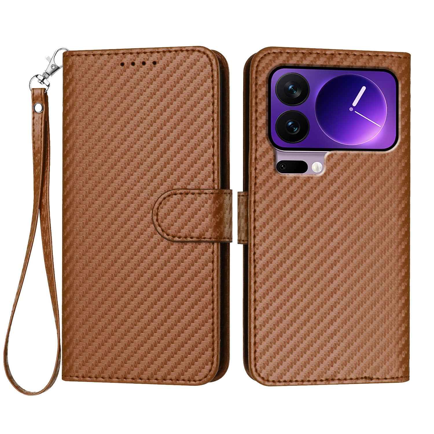 For Xiaomi 17 Pro Wallet Case with Strap Carbon Fiber Texture Leather Mobile Cover - Coffee