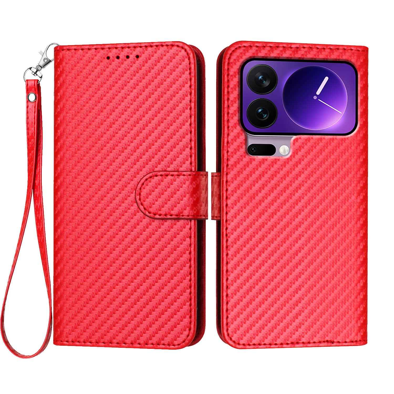 For Xiaomi 17 Pro Wallet Case with Strap Carbon Fiber Texture Leather Mobile Cover - Red