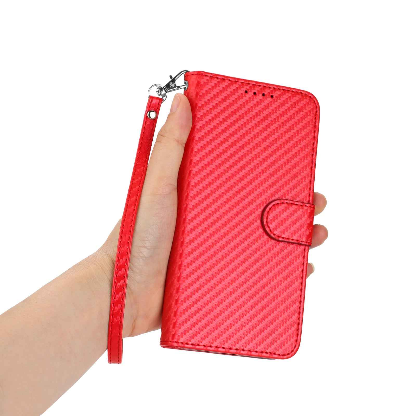 For Xiaomi 17 Pro Wallet Case with Strap Carbon Fiber Texture Leather Mobile Cover - Red