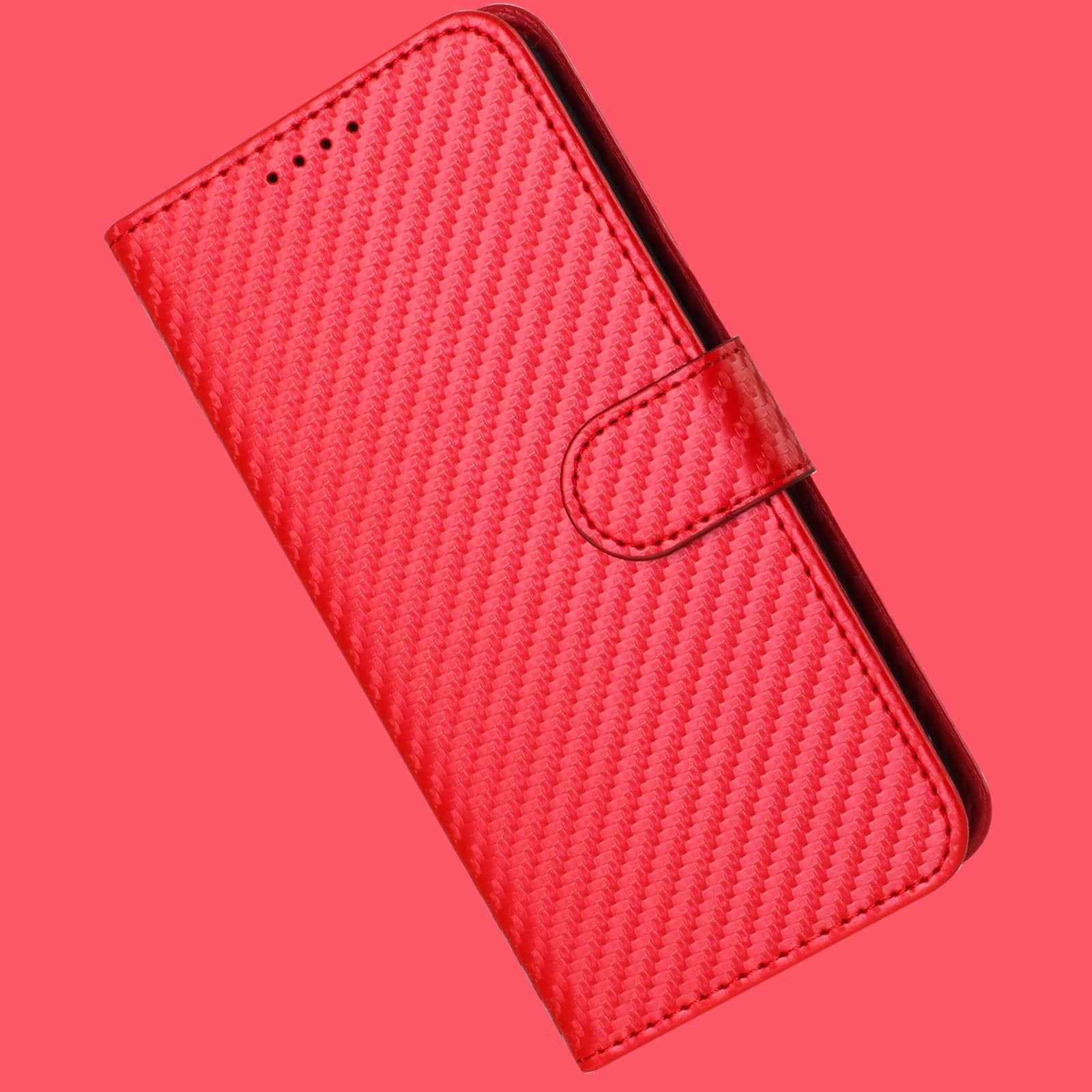 For Xiaomi 17 Pro Wallet Case with Strap Carbon Fiber Texture Leather Mobile Cover - Red