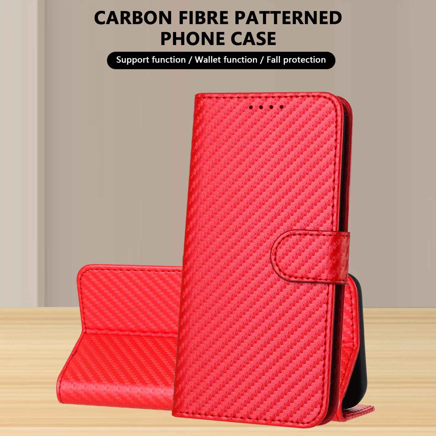 For Xiaomi 17 Pro Wallet Case with Strap Carbon Fiber Texture Leather Mobile Cover - Red