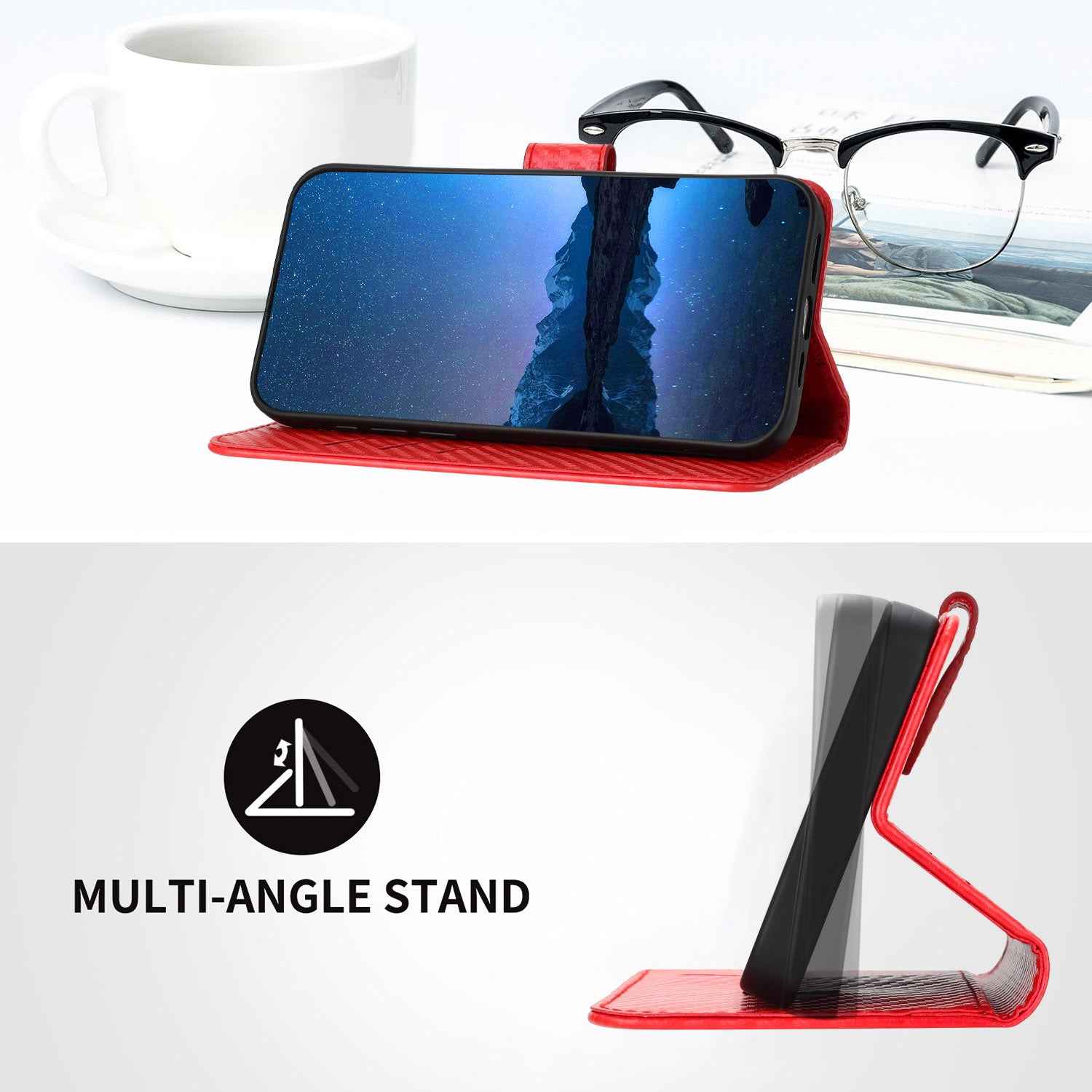 For Xiaomi 17 Pro Wallet Case with Strap Carbon Fiber Texture Leather Mobile Cover - Red