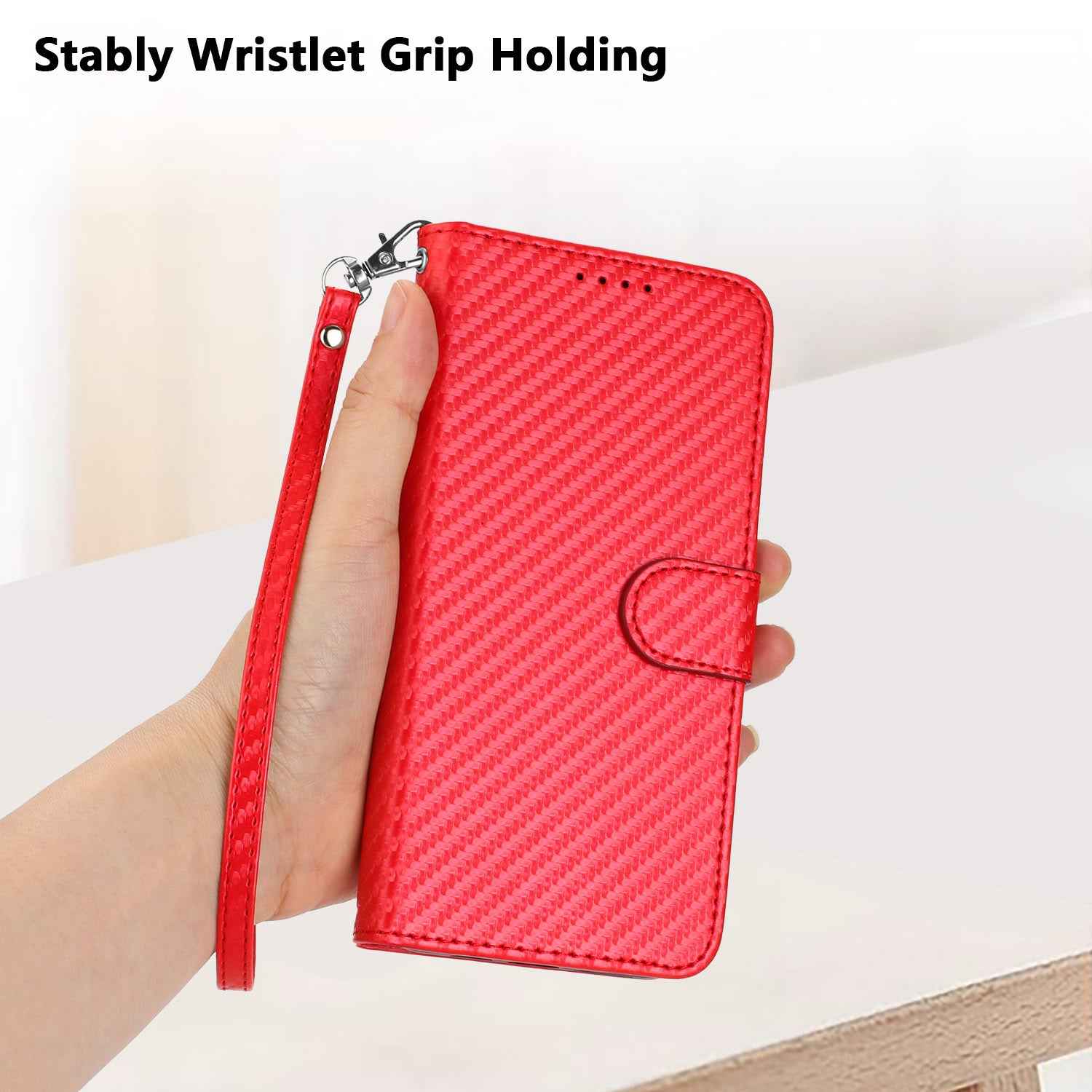 For Xiaomi 17 Pro Wallet Case with Strap Carbon Fiber Texture Leather Mobile Cover - Red
