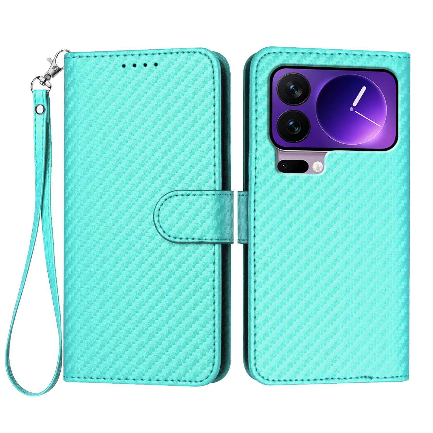 For Xiaomi 17 Pro Wallet Case with Strap Carbon Fiber Texture Leather Mobile Cover - Light Blue
