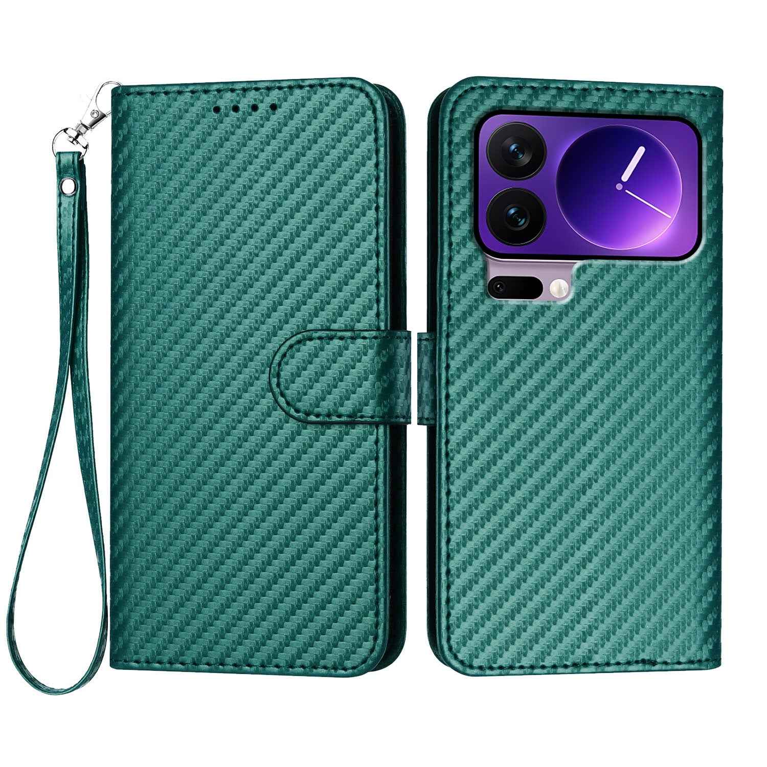 For Xiaomi 17 Pro Wallet Case with Strap Carbon Fiber Texture Leather Mobile Cover - Blackish Green