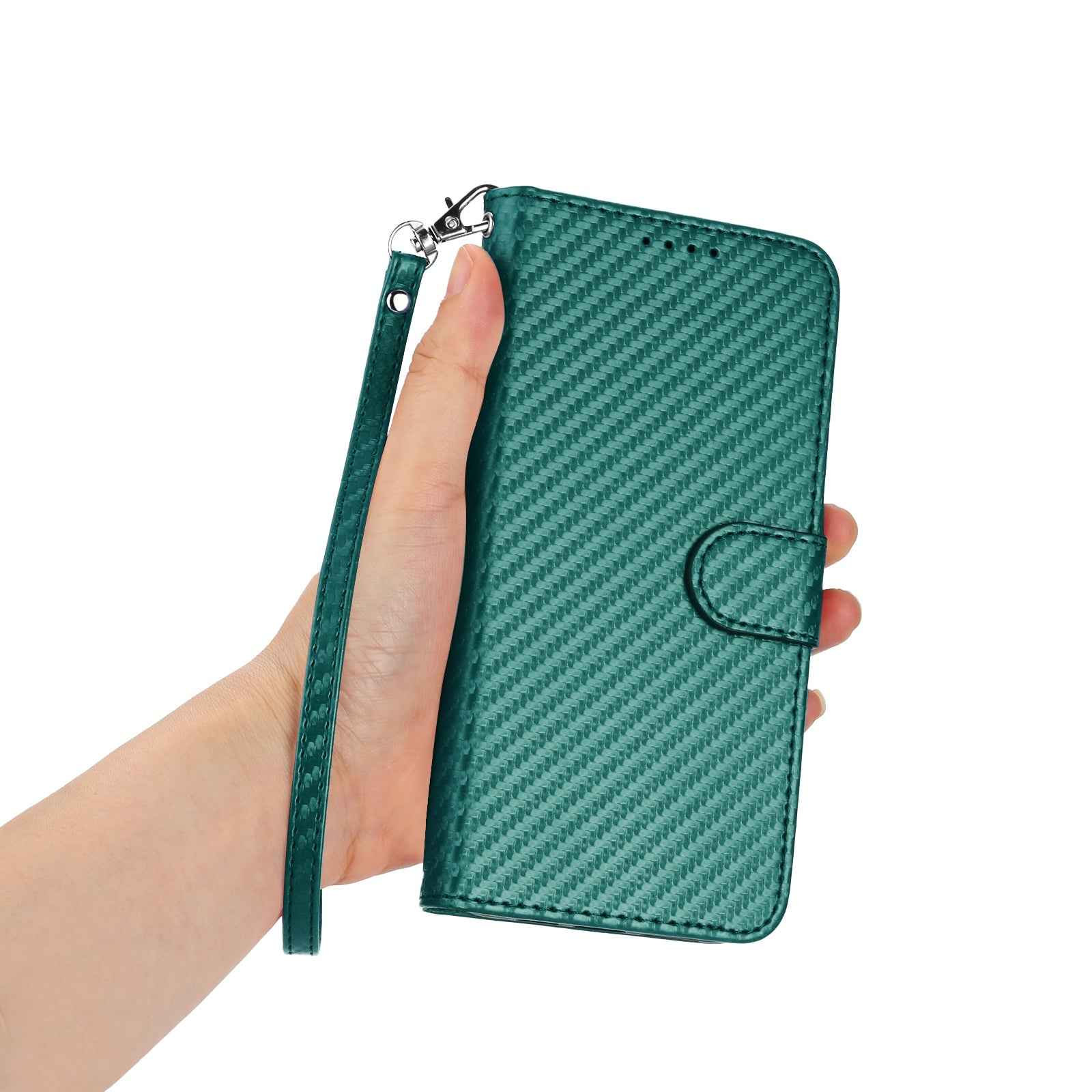For Xiaomi 17 Pro Wallet Case with Strap Carbon Fiber Texture Leather Mobile Cover - Blackish Green