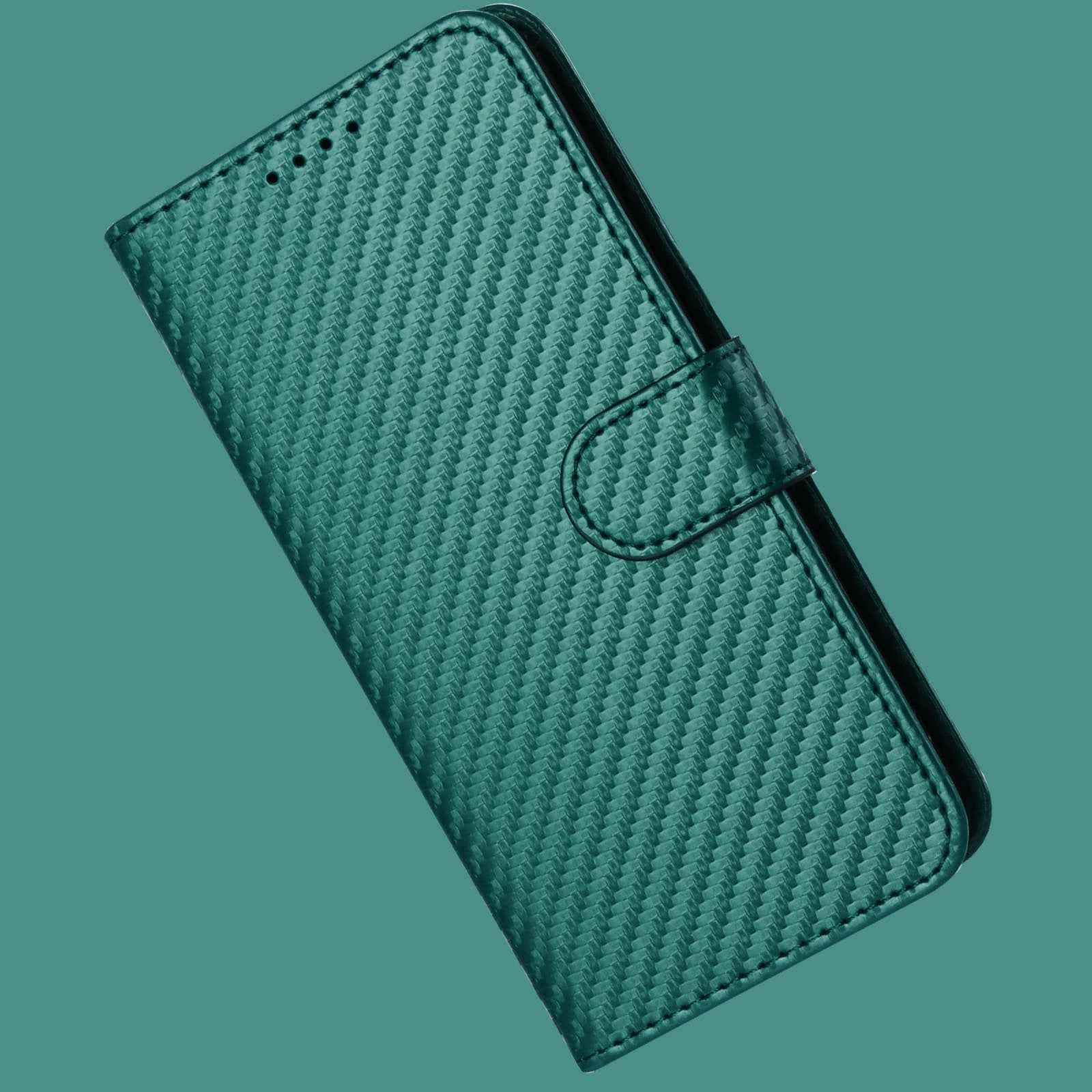 For Xiaomi 17 Pro Wallet Case with Strap Carbon Fiber Texture Leather Mobile Cover - Blackish Green