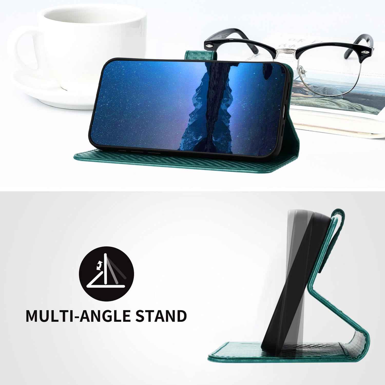 For Xiaomi 17 Pro Wallet Case with Strap Carbon Fiber Texture Leather Mobile Cover - Blackish Green