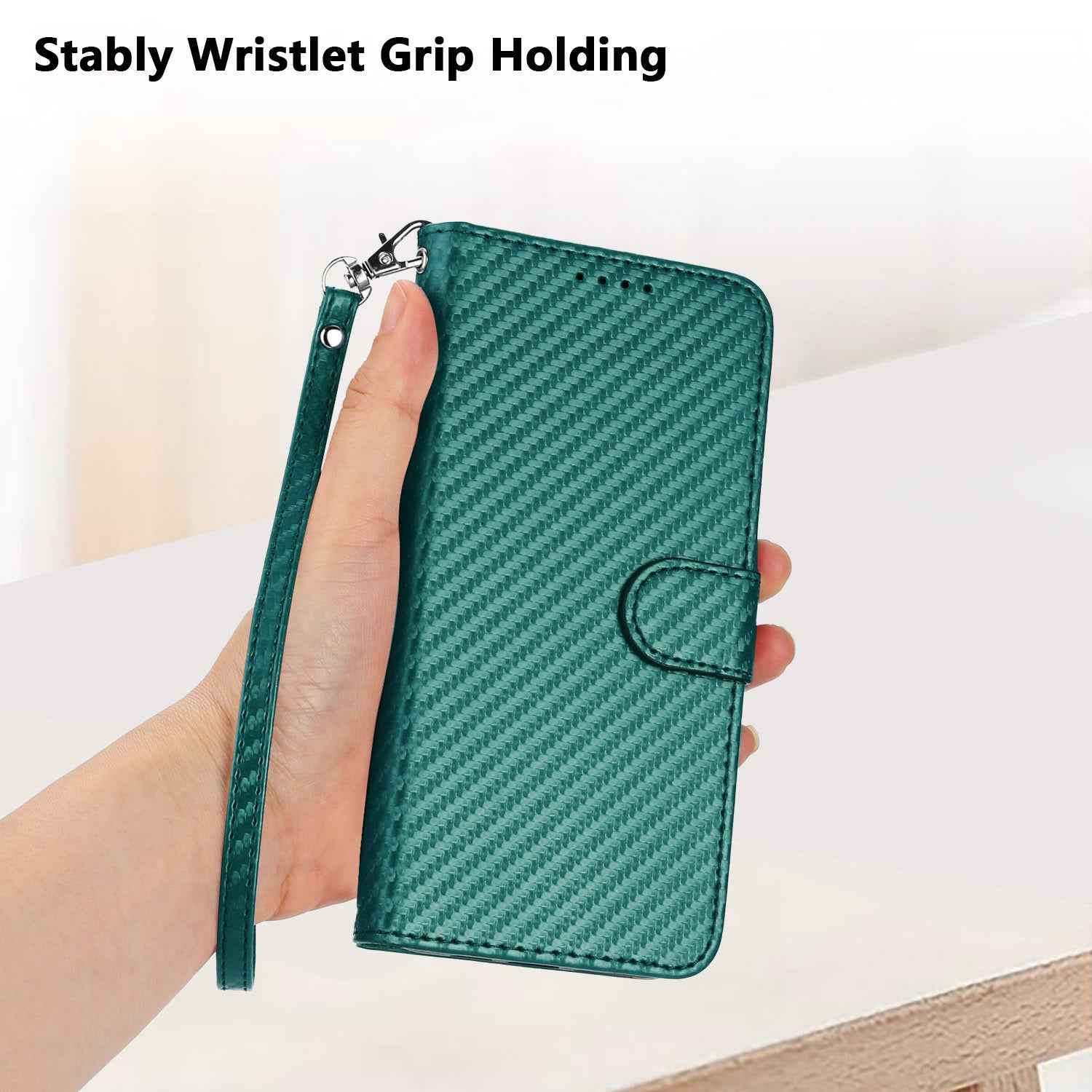 For Xiaomi 17 Pro Wallet Case with Strap Carbon Fiber Texture Leather Mobile Cover - Blackish Green